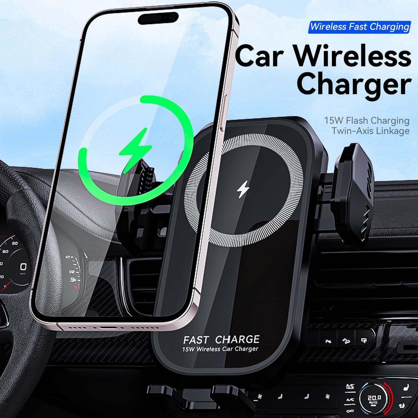 15W Fast Wireless Car Charger, Motorised Clamping Car Phone Holder Charger with Twin-Axis Linkage, 360° Rotation & Anti-Drop Hook for Iphone 16/15/14 Pro, Samsung S24/23/22