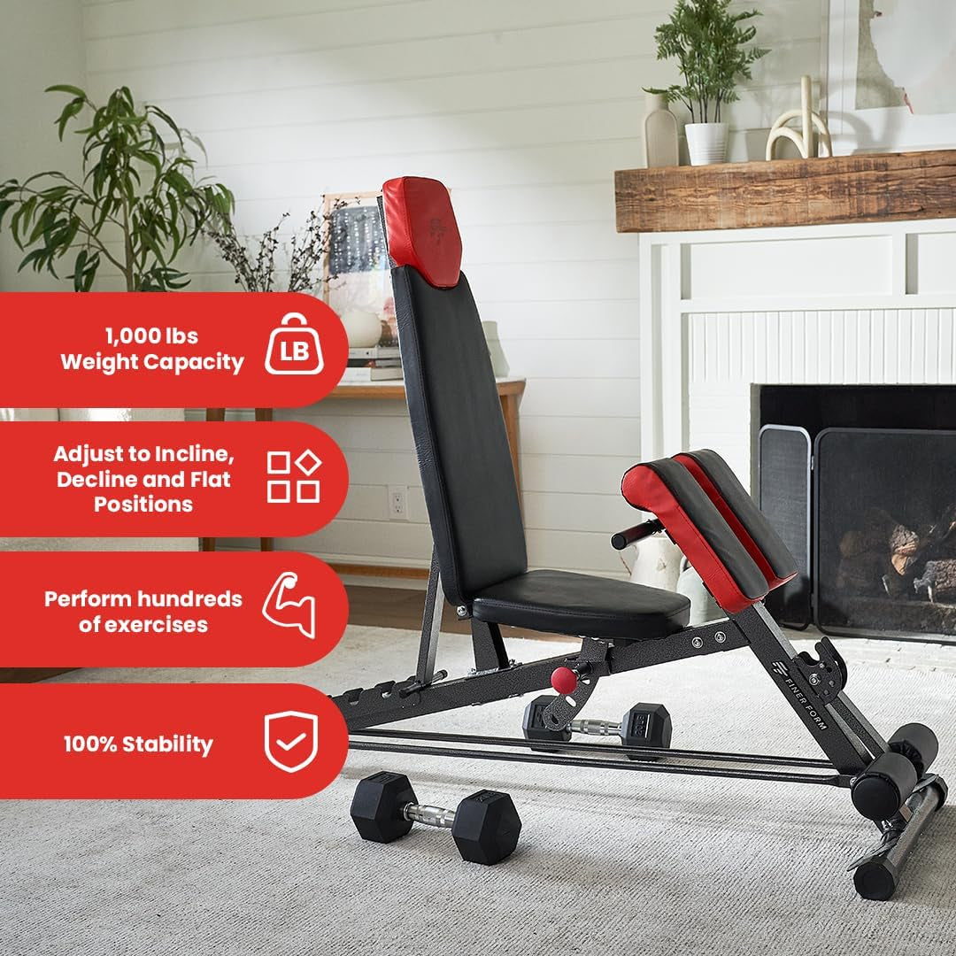 Finer Form Multi-Functional FID Weight Bench for Full All-In-One Body Workout – Hyper Back Extension, Roman Chair, Adjustable Ab Sit up Bench, Incline Decline Bench, Flat Bench