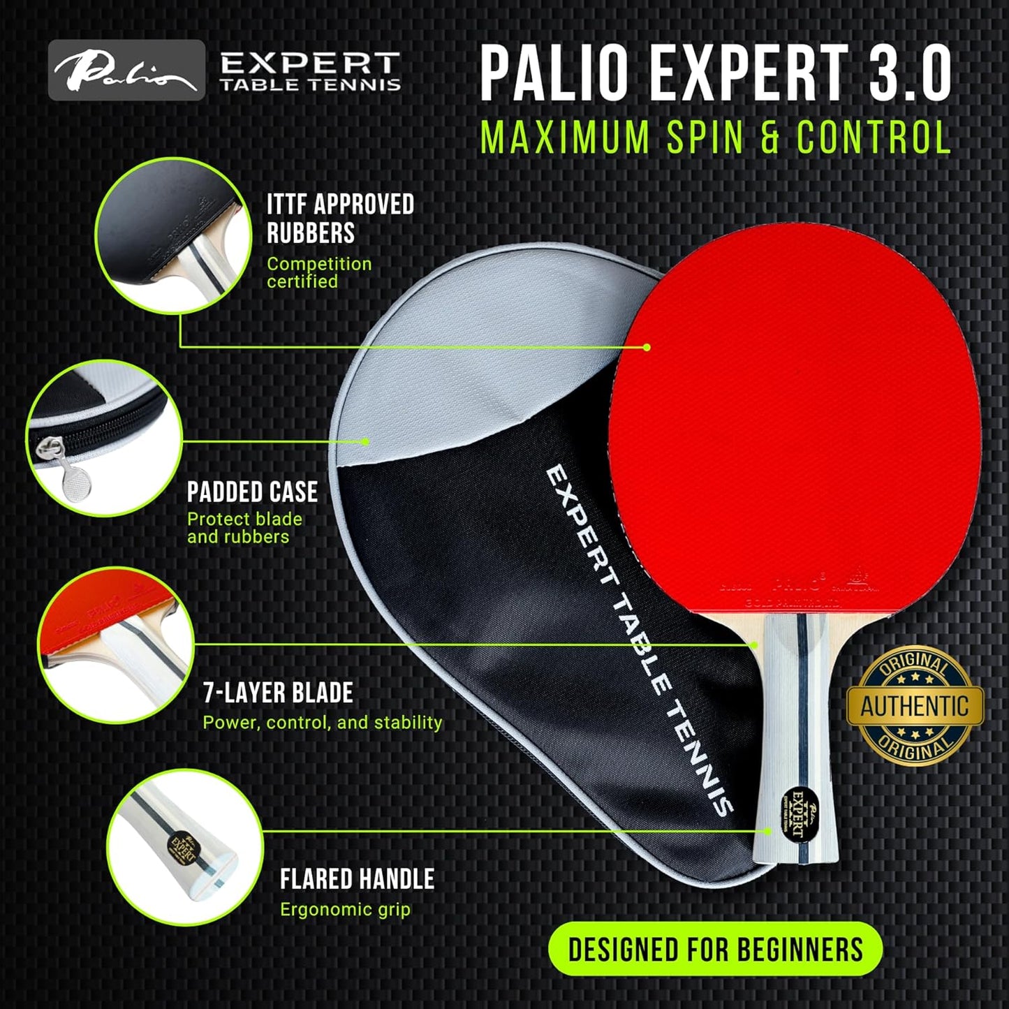 Palio Expert 3.0 Table Tennis Bat & Case | ITTF Approved High-Performance Ping Pong Racket for Beginners | Maximum Spin & Control