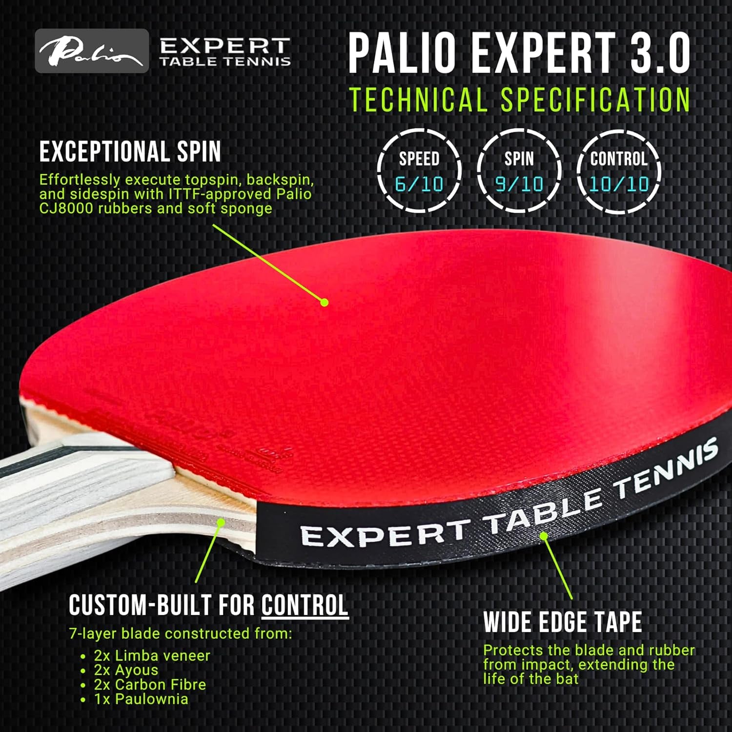 Palio Expert 3.0 Table Tennis Bat & Case | ITTF Approved High-Performance Ping Pong Racket for Beginners | Maximum Spin & Control