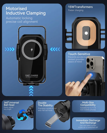 15W Fast Wireless Car Charger, Motorised Clamping Car Phone Holder Charger with Twin-Axis Linkage, 360° Rotation & Anti-Drop Hook for Iphone 16/15/14 Pro, Samsung S24/23/22