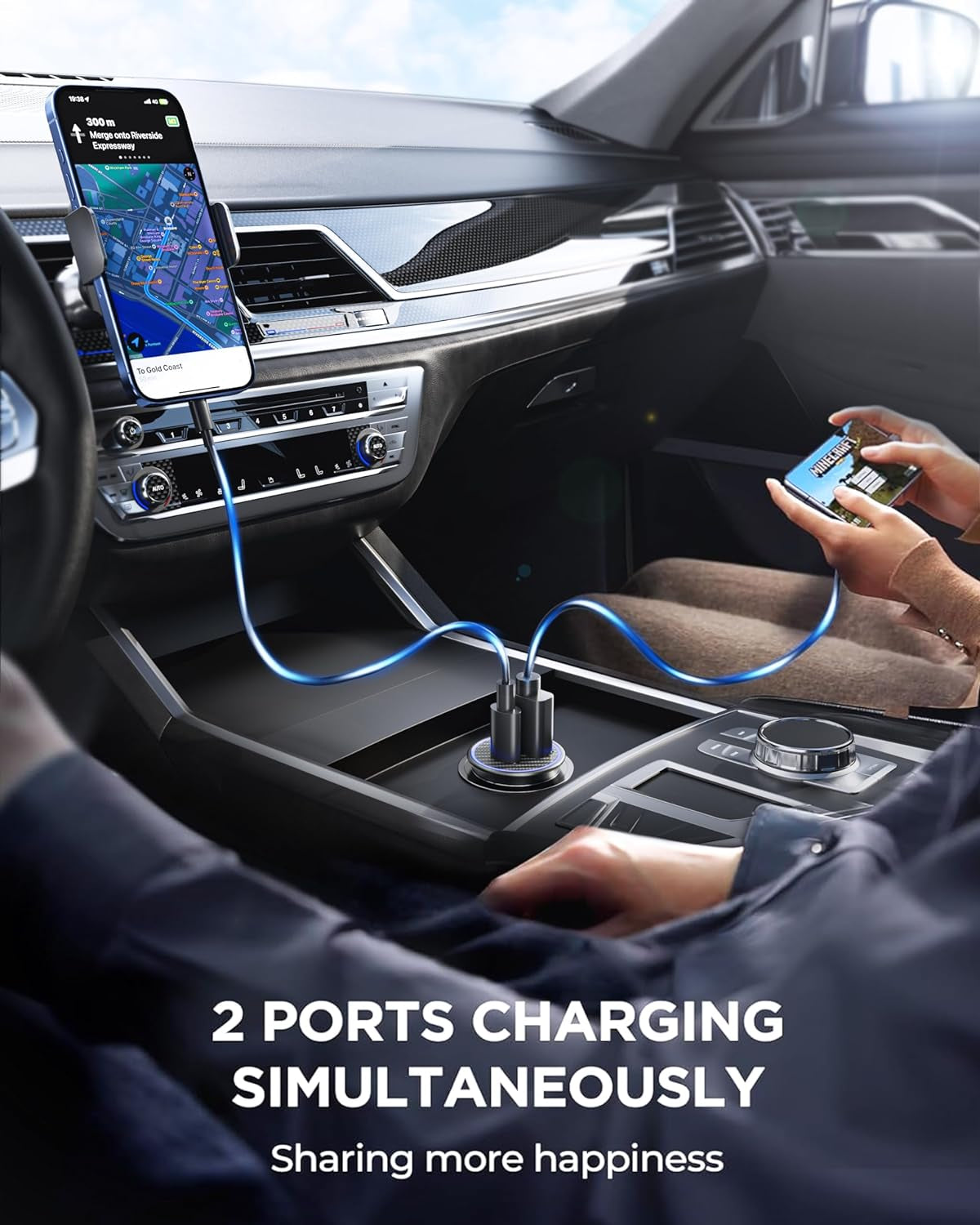 USB C Fast Car Charger, 60W Type C Car Adapter PD 45W 30W 25W 20W QC4.0 PPS Quick Car Phone Charger Dual Port Compatible with Iphone 15/14/13, Samsung S24/S23, Pixel 7/6 with USB C Cable