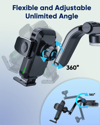 Wireless Car Charger, 15W Qi Fast Charging Car Phone Holder Wireless Charging, Windshield Dashboard Phone Mount Holder Compatible with Iphone 14/13/12/11 Pro Max, Xs, Samsung Galaxy, Etc.