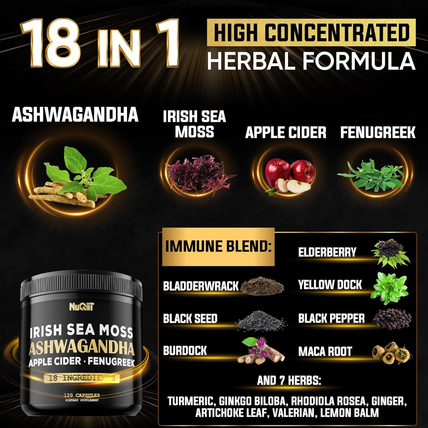 Organic Ashwagandha Capsules 15000Mg Irish Sea Moss 3000Mg Apple Cider Vinegar 3000Mg & More - 120 Vegan Capsules