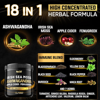 Organic Ashwagandha Capsules 15000Mg Irish Sea Moss 3000Mg Apple Cider Vinegar 3000Mg & More - 120 Vegan Capsules