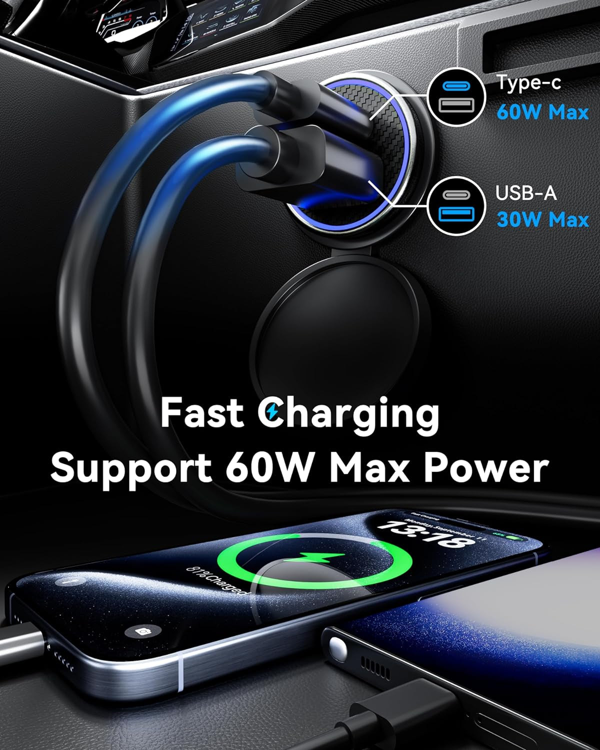 USB C Fast Car Charger, 60W Type C Car Adapter PD 45W 30W 25W 20W QC4.0 PPS Quick Car Phone Charger Dual Port Compatible with Iphone 15/14/13, Samsung S24/S23, Pixel 7/6 with USB C Cable