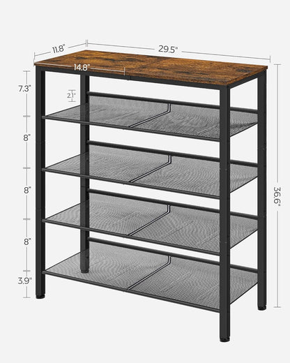 Shoe Rack for Entryway, 5 Tier Shoe Storage Shelves, 16-20 Pairs Shoe Organizer, with Sturdy Wooden Top and Steel Frame, Free Standing, Industrial, Rustic Brown and Black ULBS038B01
