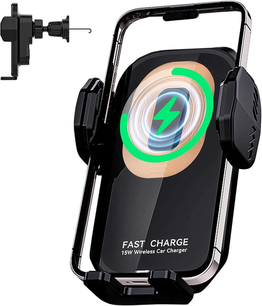 15W Fast Wireless Car Charger, Motorised Clamping Car Phone Holder Charger with Twin-Axis Linkage, 360° Rotation & Anti-Drop Hook for Iphone 16/15/14 Pro, Samsung S24/23/22