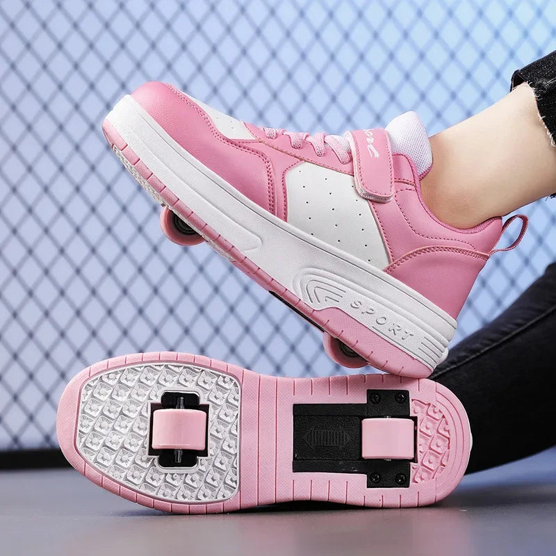 Magic Roller Skates Dual Wheel Slip-On Roller Skating Shoes 2024 New Spring Autumn Leather Surface Sports Shoes for Women Kids
