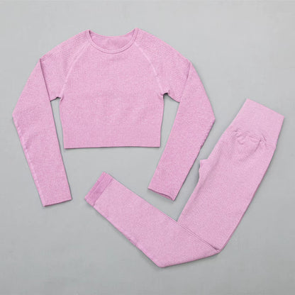 Seamless Yoga Suit Sports Set Gym Clothes Fitness Women Long Sleeve Crop Top High Waist Leggings Ribbed Workout Set Tracksuits