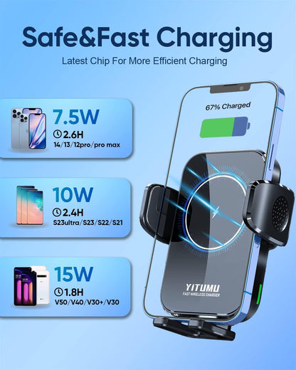 Wireless Car Charger, 15W Qi Fast Charging Car Phone Holder Wireless Charging, Windshield Dashboard Phone Mount Holder Compatible with Iphone 14/13/12/11 Pro Max, Xs, Samsung Galaxy, Etc.