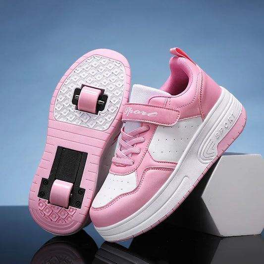 Magic Roller Skates Dual Wheel Slip-On Roller Skating Shoes 2024 New Spring Autumn Leather Surface Sports Shoes for Women Kids