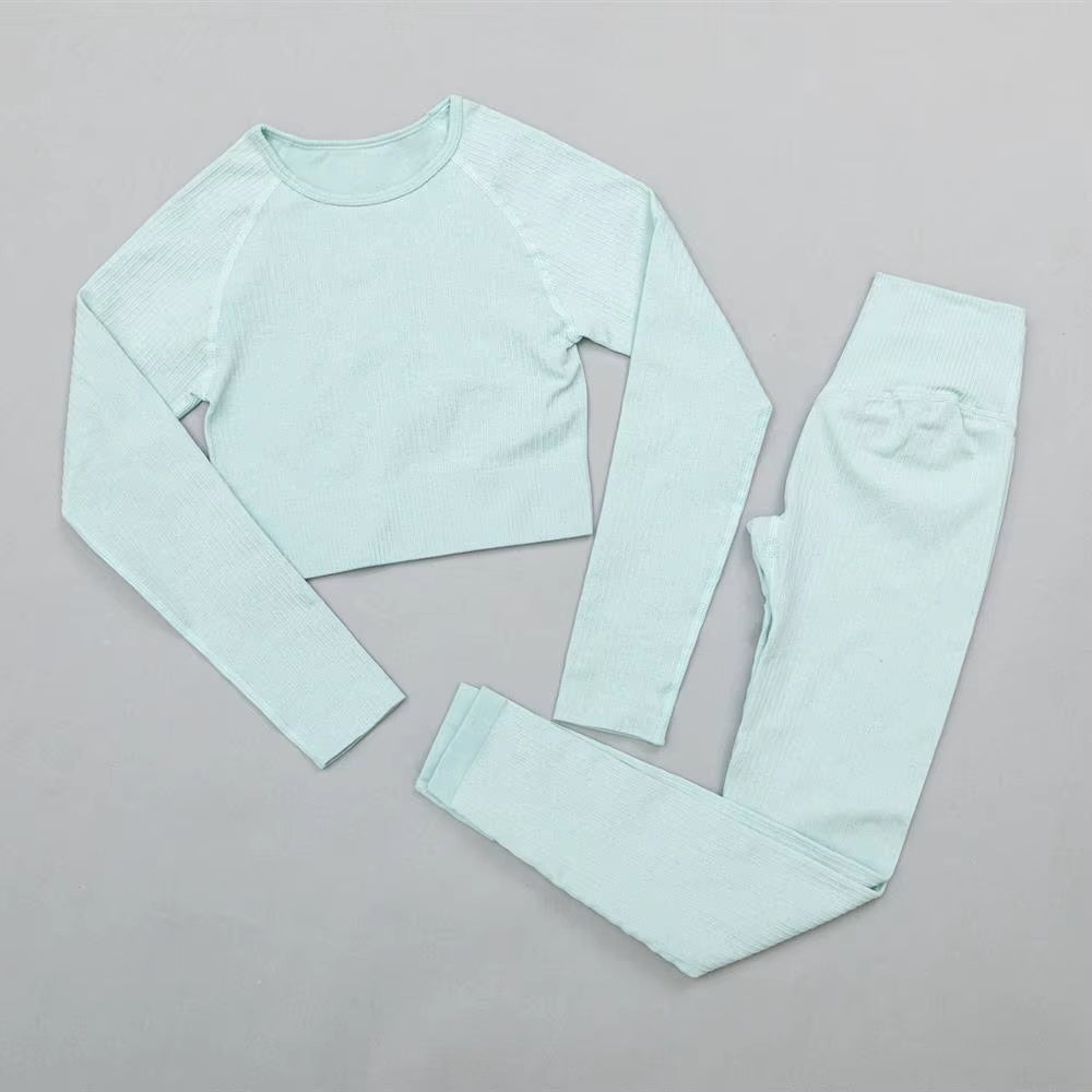 Seamless Yoga Suit Sports Set Gym Clothes Fitness Women Long Sleeve Crop Top High Waist Leggings Ribbed Workout Set Tracksuits