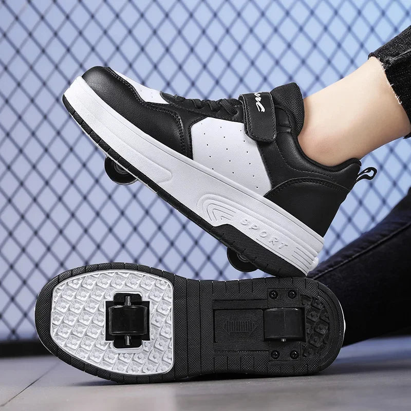 Magic Roller Skates Dual Wheel Slip-On Roller Skating Shoes 2024 New Spring Autumn Leather Surface Sports Shoes for Women Kids