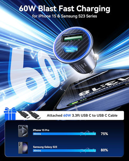 USB C Fast Car Charger, 60W Type C Car Adapter PD 45W 30W 25W 20W QC4.0 PPS Quick Car Phone Charger Dual Port Compatible with Iphone 15/14/13, Samsung S24/S23, Pixel 7/6 with USB C Cable