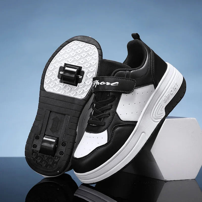 Magic Roller Skates Dual Wheel Slip-On Roller Skating Shoes 2024 New Spring Autumn Leather Surface Sports Shoes for Women Kids