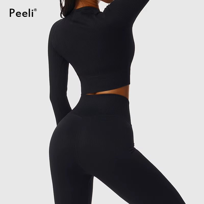 Seamless Yoga Suit Sports Set Gym Clothes Fitness Women Long Sleeve Crop Top High Waist Leggings Ribbed Workout Set Tracksuits
