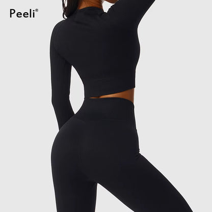 Seamless Yoga Suit Sports Set Gym Clothes Fitness Women Long Sleeve Crop Top High Waist Leggings Ribbed Workout Set Tracksuits