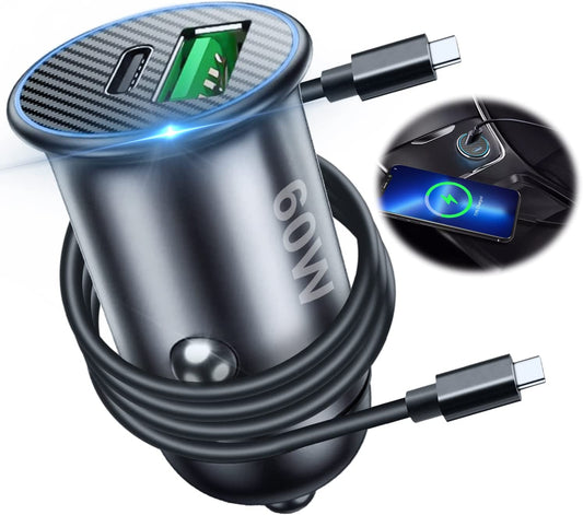 USB C Fast Car Charger, 60W Type C Car Adapter PD 45W 30W 25W 20W QC4.0 PPS Quick Car Phone Charger Dual Port Compatible with Iphone 15/14/13, Samsung S24/S23, Pixel 7/6 with USB C Cable
