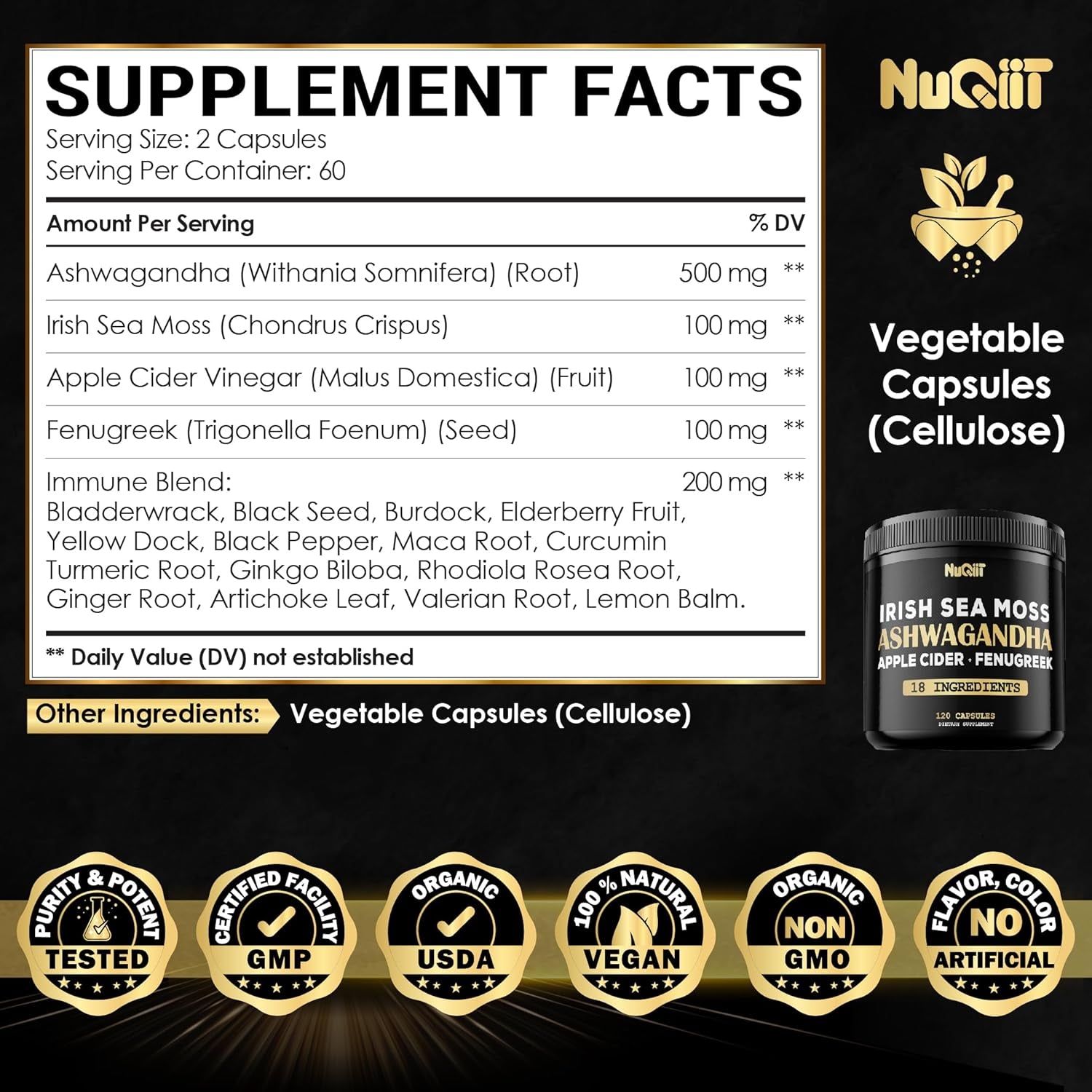 Organic Ashwagandha Capsules 15000Mg Irish Sea Moss 3000Mg Apple Cider Vinegar 3000Mg & More - 120 Vegan Capsules