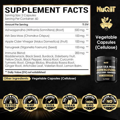 Organic Ashwagandha Capsules 15000Mg Irish Sea Moss 3000Mg Apple Cider Vinegar 3000Mg & More - 120 Vegan Capsules